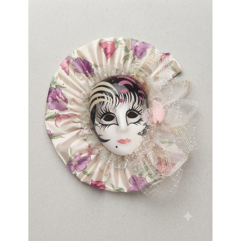 Vintage Porcelain Wall Mask 9" Fabric Silver Glitter Floral  NW